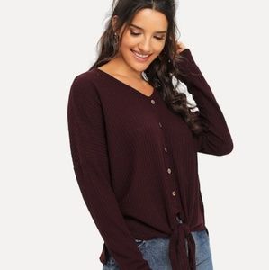 Button Front V-Neck Knot Tee